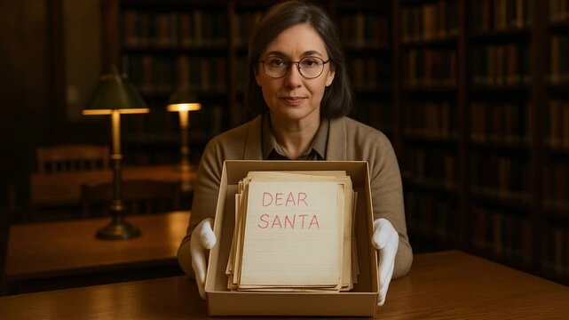 Archivist presenting a box of "Dear Santa" letters on a library table, wearing white gloves and smiling