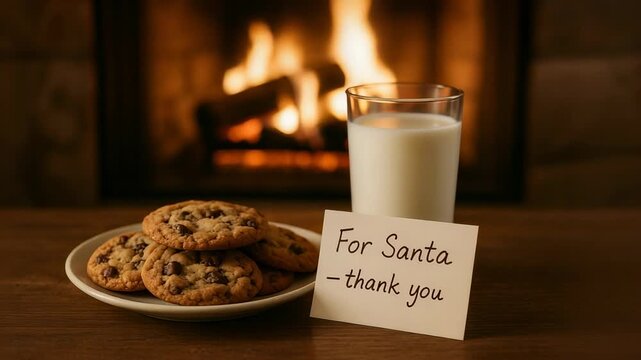 Plate of chocolate chip cookies and a glass of milk with a handwritten "For Santa - thank you" note set on a wooden table before a cozy fireplace