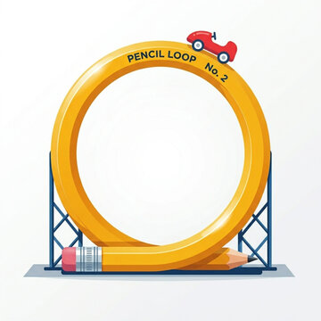 Creative yellow pencil loop roller coaster with a red toy car on top.