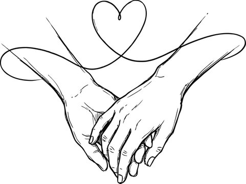Continuous line art illustration of holding hands with a heart shape.