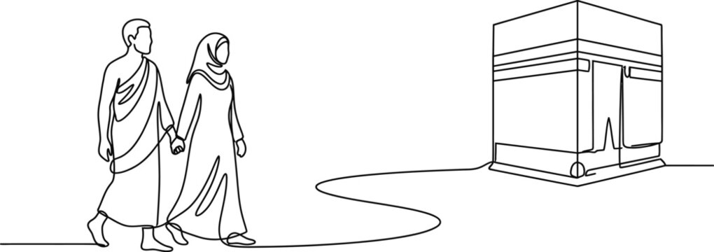 Continuous line drawing of a couple performing Umrah pilgrimage towards the Kaaba.