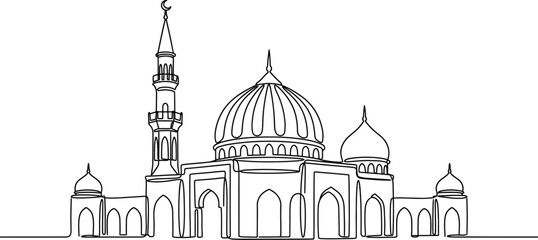 Continuous line drawing of an Islamic mosque with domes and minaret. © Sandy
