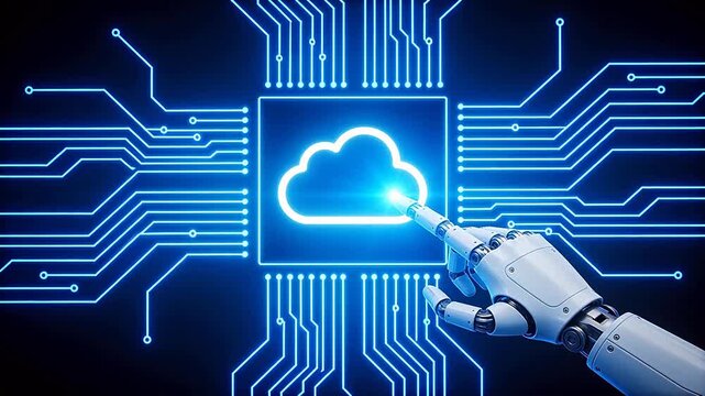 Robot hand touching cloud on circuit board