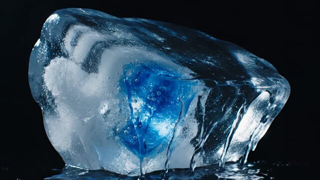 Close up of ice cube with blue object inside melting slowly.