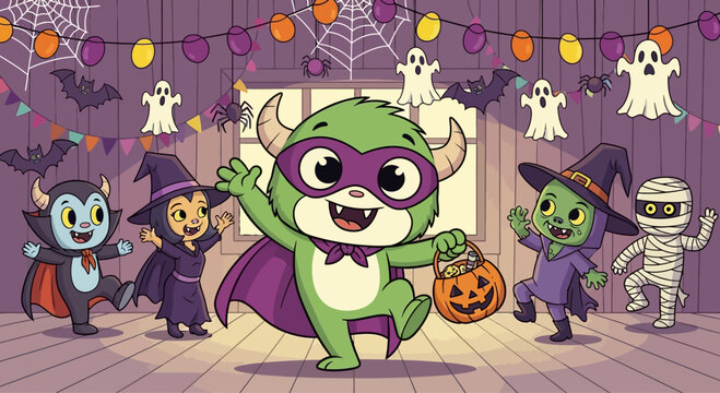 Cute Halloween Monsters Dancing and Celebrating Trick or Treat