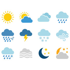 Obraz premium Set of weather icons showing sun clouds rain snow lightning wind moon stars with white background flat design forecast icon weather illustration elements night sky condi