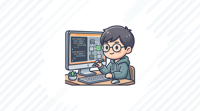 Cartoon programmer working with computer code vector illustration