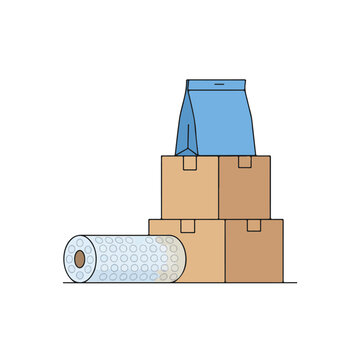 A stack of three brown cardboard boxes with a blue shipping bag on top, accompanied by a roll of bubble wrap for safe packaging.