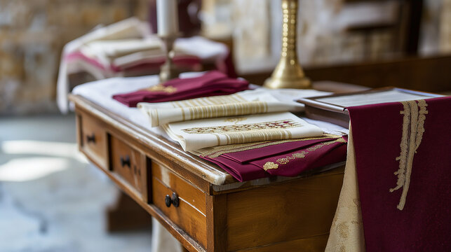 liturgical. Carefully folded embroidered liturgical vestments on a church altar with intricate gold thread details. event programs.