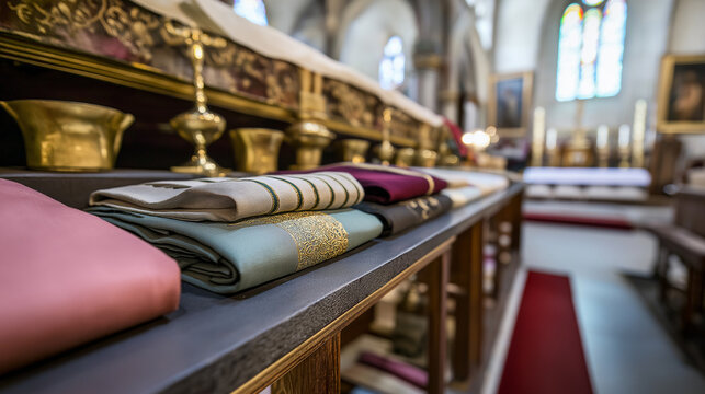 liturgical. Carefully folded embroidered liturgical vestments on a church altar with intricate gold thread details. event programs.