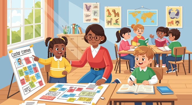 Diverse elementary school classroom with teacher and students learning and playing games