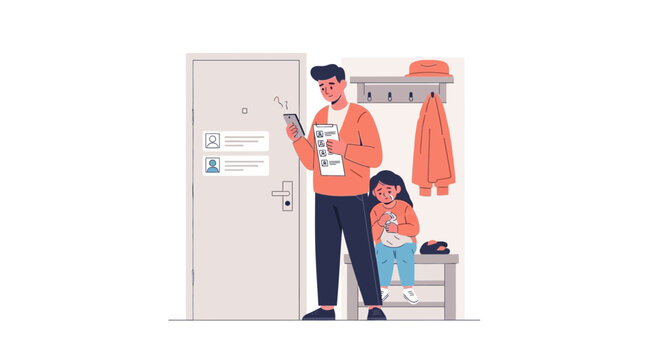 Father and daughter at home door with smartphone and notifications