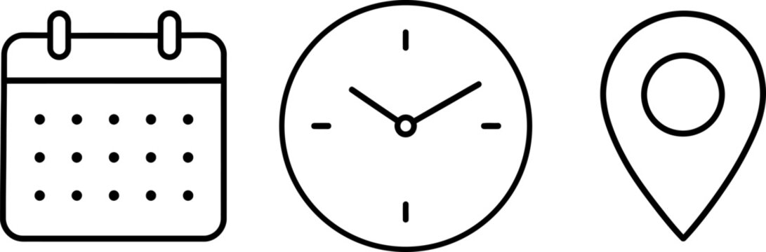 Set of line icons ilustration vector including a calendar for date, a clock for time, and a location pin for place, essential symbols for planning and events isolated on transparent background.