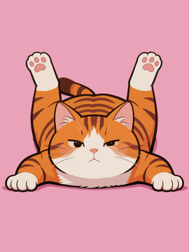 Cute Lazy Orange Tabby Cat Relaxing on Pink Background