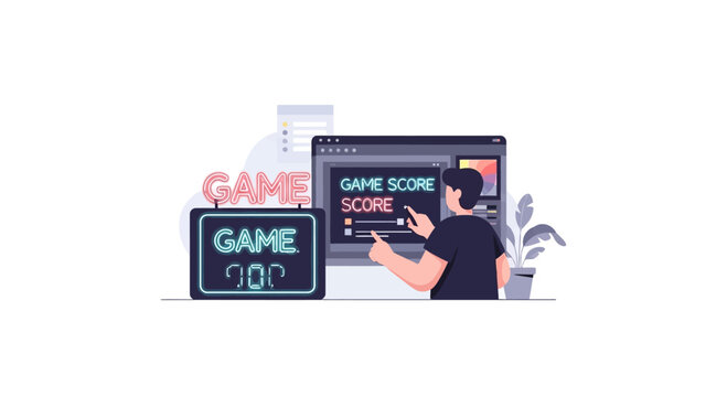 Game developer programming game score interface on computer screen