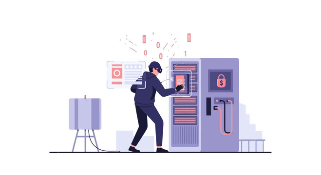 Hacker wearing VR headset accessing secure server room with digital data flow