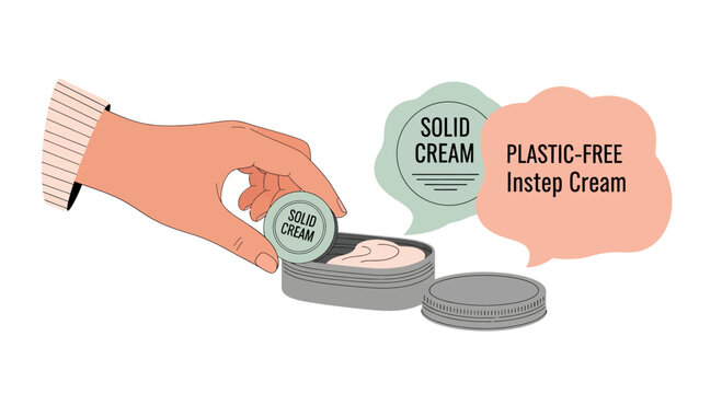 Hand holding plastic-free solid instep cream tin, eco-friendly skincare concept