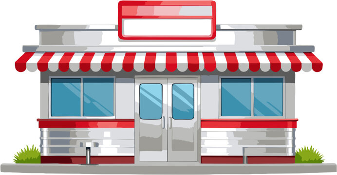 Classic American Roadside Diner Shop Building, Route 66 Vintage Storefront, Flat Vector Illustration