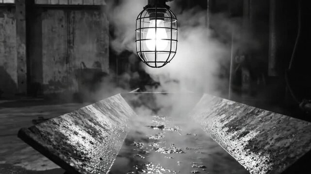 Industrial scene with a light fixture above a trough of steaming liquid and textured walls in monochrome
