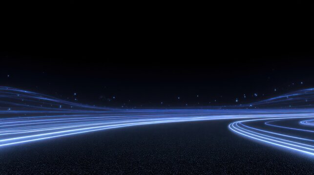 Bright blue light streaks illuminate a dark, textured ground surface moving into the distance.