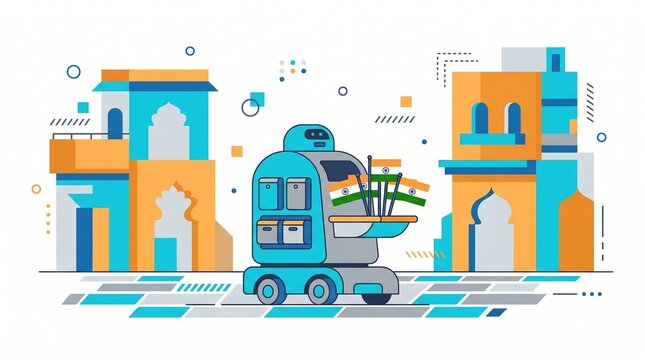 Flat vector illustration of a futuristic delivery robot carrying mini Indian flags through colorful streets with cyan grey saffron palette in a playful tech friendly environment.