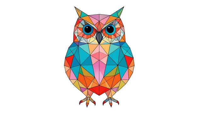 A vibrant geometric illustration of an owl against a white background. It features a spectrum of colors and a modern aesthetic