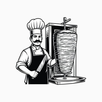 Professional chef holding knife next to large shawarma meat rotisserie machine vector illustration isolated on white background for kebab shop branding and restaurant fast food advertising.