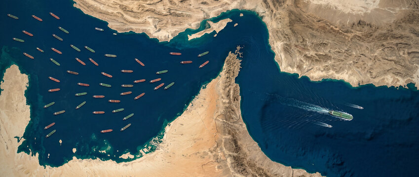 Aerial visualization, Strait of Hormuz crisis of logistics, global shipping chokepoint route disrupted and blocked with oil tankers in bottleneck