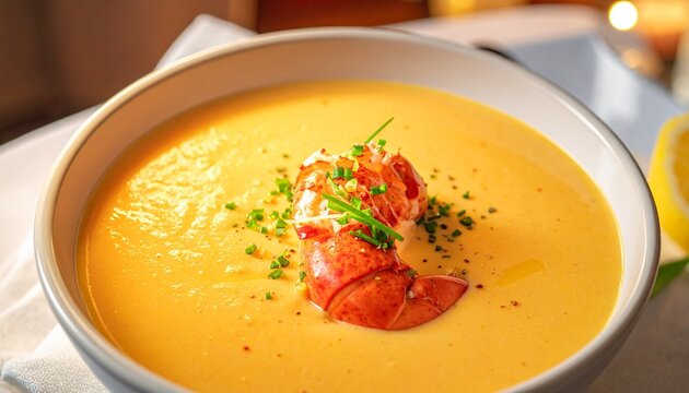 Creamy lobster bisque soup served in a white ceramic bowl with fresh herbs and lobster tail garnish