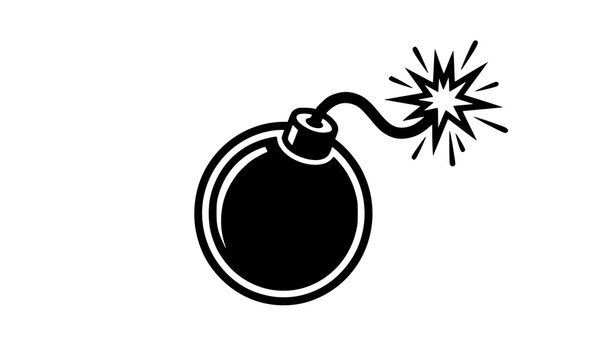 Monochrome cartoon bomb vector art with fuse and spark isolated on white background
