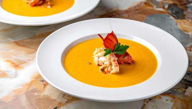Two elegant bowls of rich, creamy lobster bisque soup, garnished with succulent lobster meat and fresh parsley, served on a luxurious marble table, showcasing gourmet culinary presentation