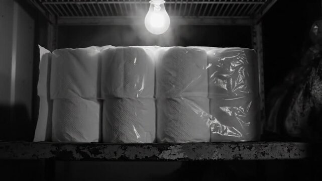 Black and white shot of packaged toilet paper under a bright light source in a dark storage space