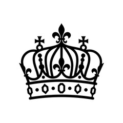 Black king crown silhouette with fleur-de-lis and crosses, graphic represents © Saharima