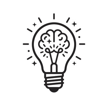 Lightbulb with brain and sparkles graphic black and white line art lightbulb