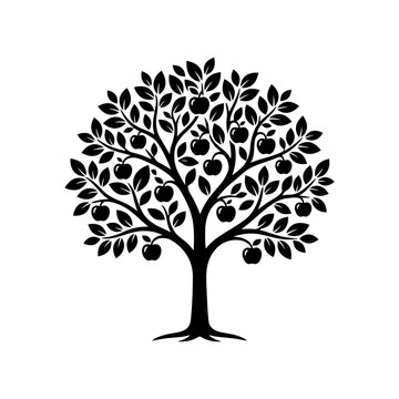 Detailed black silhouette of a fruitful apple tree with tree of life, silhouette