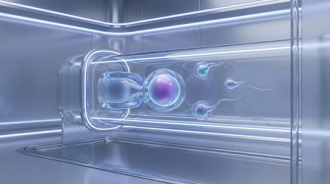 3d render of sperm cells approaching an egg cell inside a futuristic glass laboratory tube, medical technology and reproductive science concept