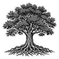 Detailed black and white drawing of a large tree with visible root system © Saharima