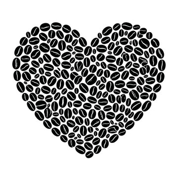 Heart shape formed by black coffee beans on white background with graphic design