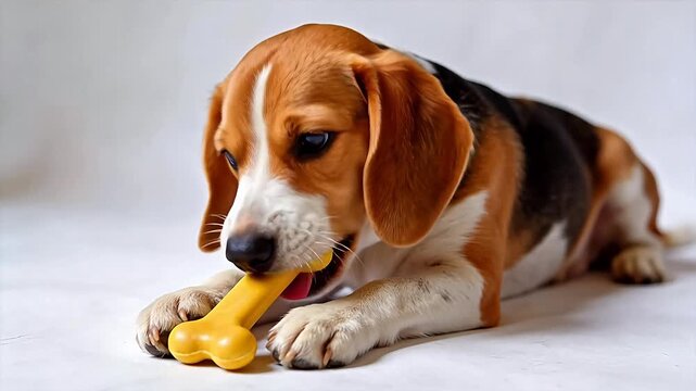 Beagle dog chewing on yellow bone toy