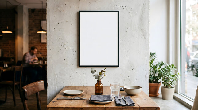 Restaurant Interior Mockup with Blank Frame, Cafe Dining Table, and Modern Decor for Menu or Branding Display