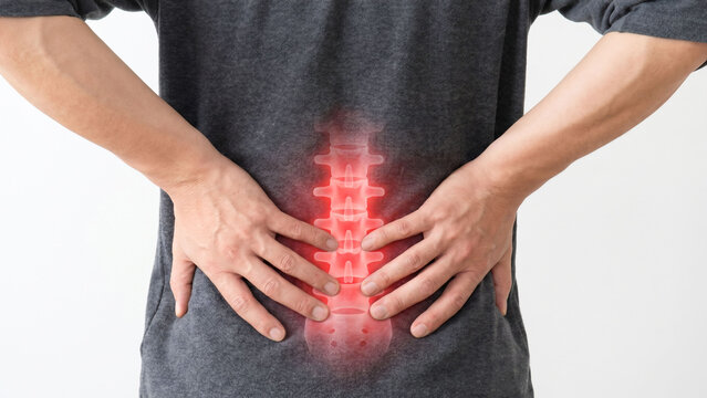腰に強い痛みを感じて両手を当てる成人男性の背面クローズアップ。赤く発光した腰椎イメージで腰痛、ぎっくり腰、慢性痛、姿勢不良、筋疲労、坐骨神経の不調、整形外科、整体、リハビリ、ヘルスケア、ボディメンテナンスの概念を表現した医療・健康テーマの人物素材