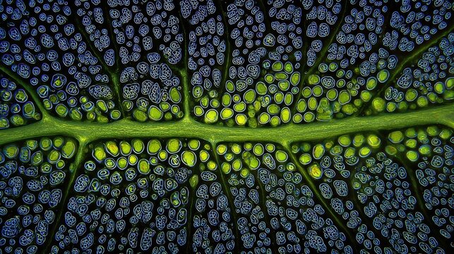 Intricate Leaf Structure with Vivid Cell Patterns Under Microscope