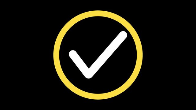 White check mark inside yellow circle on black background tick approved