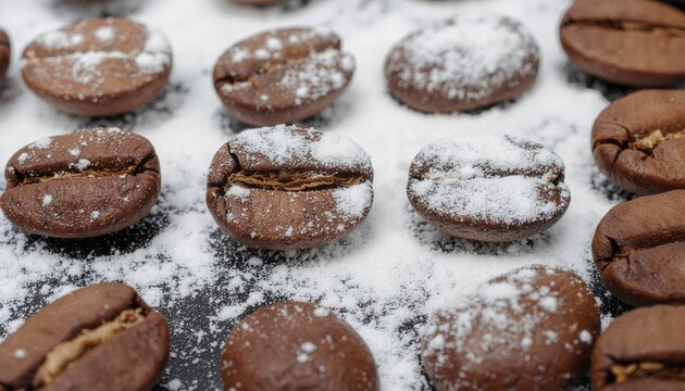 Macro view of roasted brown coffee beans sprinkled with white flour or powdered sugar on a dark textured surface, suggesting a baking or dessert preparation process.