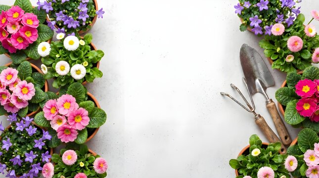 Spring Flowers and Gardening Tools Flat Lay with Copy Space