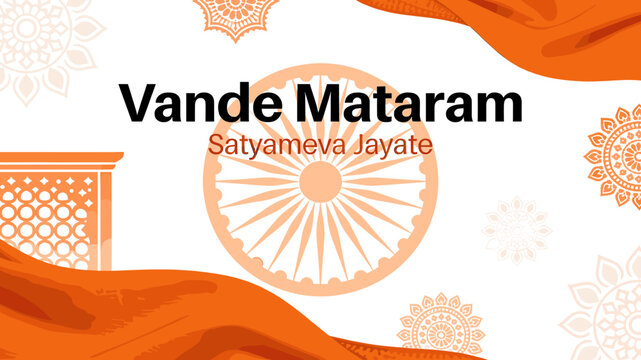 Indian patriotic background with Vande Mataram and Ashoka Chakra, featuring orange cultural motifs.