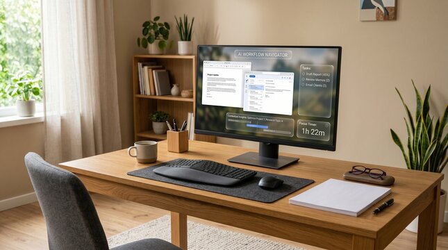 Organized home office workspace with a large computer monitor on a wooden desk next to a window with natural light
