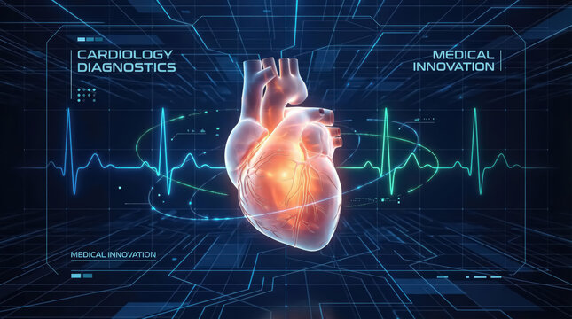 Human heart anatomy model floating in a digital medical interface with electrocardiogram lines, cardiology diagnostics, and health technology data