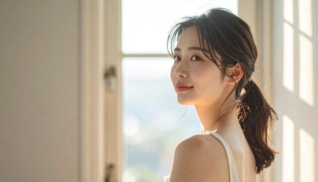 朝の洗顔後・素肌の美容とナチュラルな健康美 / Japanese Young Woman Morning Skincare Routine &mdash; Fresh No-Makeup Glowing Skin, Natural Beauty, Wellness Lifestyle, Clean Skincare Concept, Soft Morning Light, Ultra-Realistic Ci