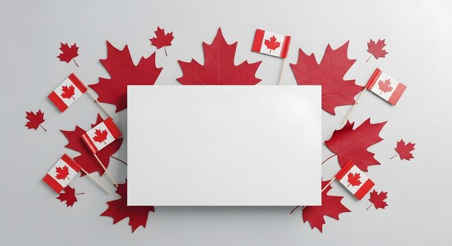 Canada day composition with maple leaves and flags blank white card for text or design